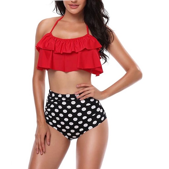 High Waisted Ruffle Polka Dot Bikini - Picture 1 of 8
